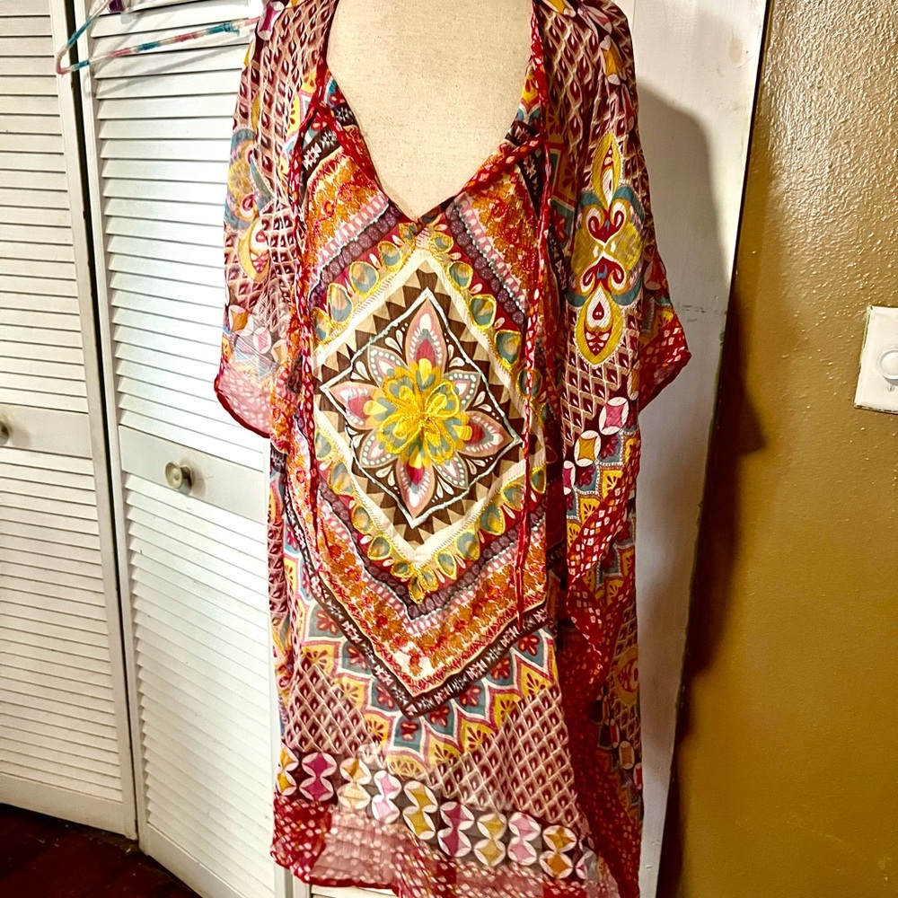 Vibrant Boho Printed V-Neck Tunic Dress - Multicolor